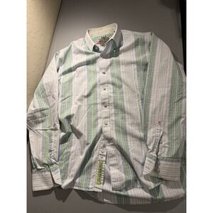 Robert Graham Men's Medium Blue Green Stripe Long Sleeve Shirt Geometric Print
